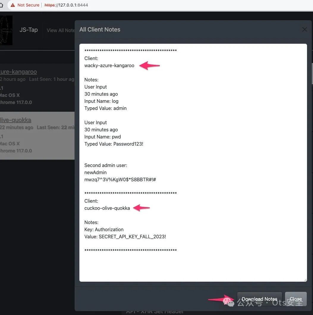 All Client Notes弹窗,汇总展示了所有客户端的笔记信息。