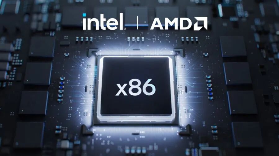 Intel与AMD标志并排,下方是x86架构芯片