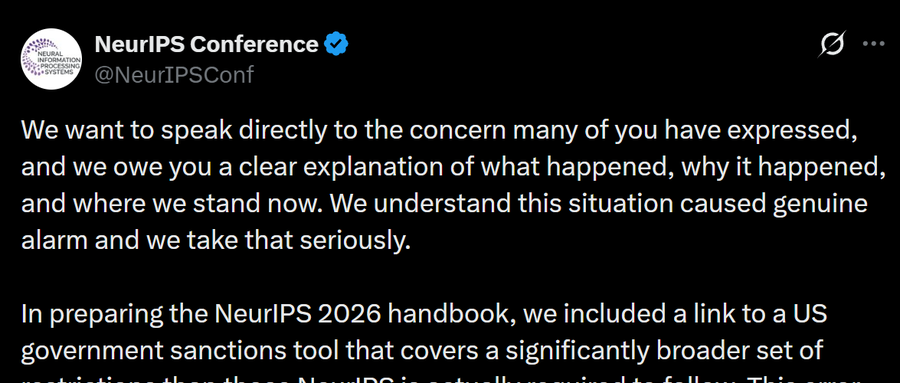NeurIPS官方英文致歉声明推文截图
