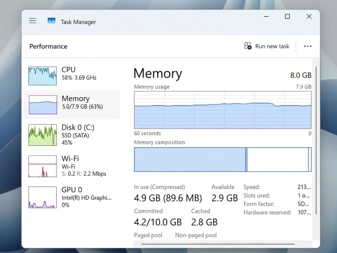 Windows 11 任务管理器内存使用情况截图,8GB 内存占用 63%