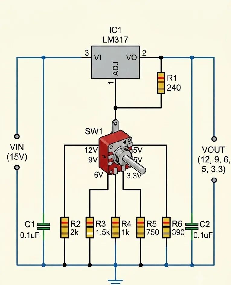 LM317可调稳压多电压输出电路原理图:通过旋转开关切换12V/9V/6V/5V/3.3V