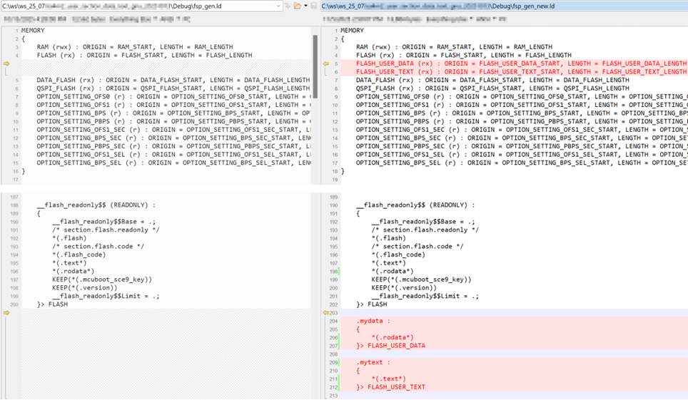 GNU fsp_gen_new.ld 新增FLASH_USER_DATA/TEXT与mydata/mytext段