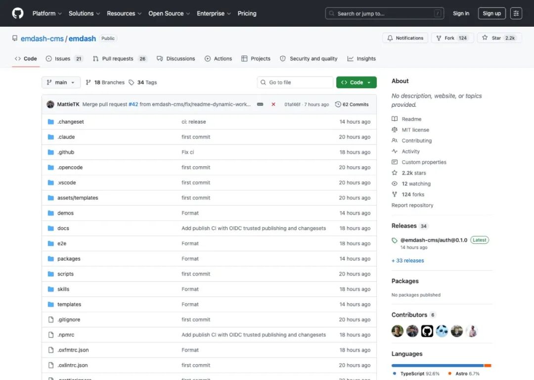 EmDash GitHub 仓库:2.2k Stars,TypeScript 92.6%,MIT 协议
