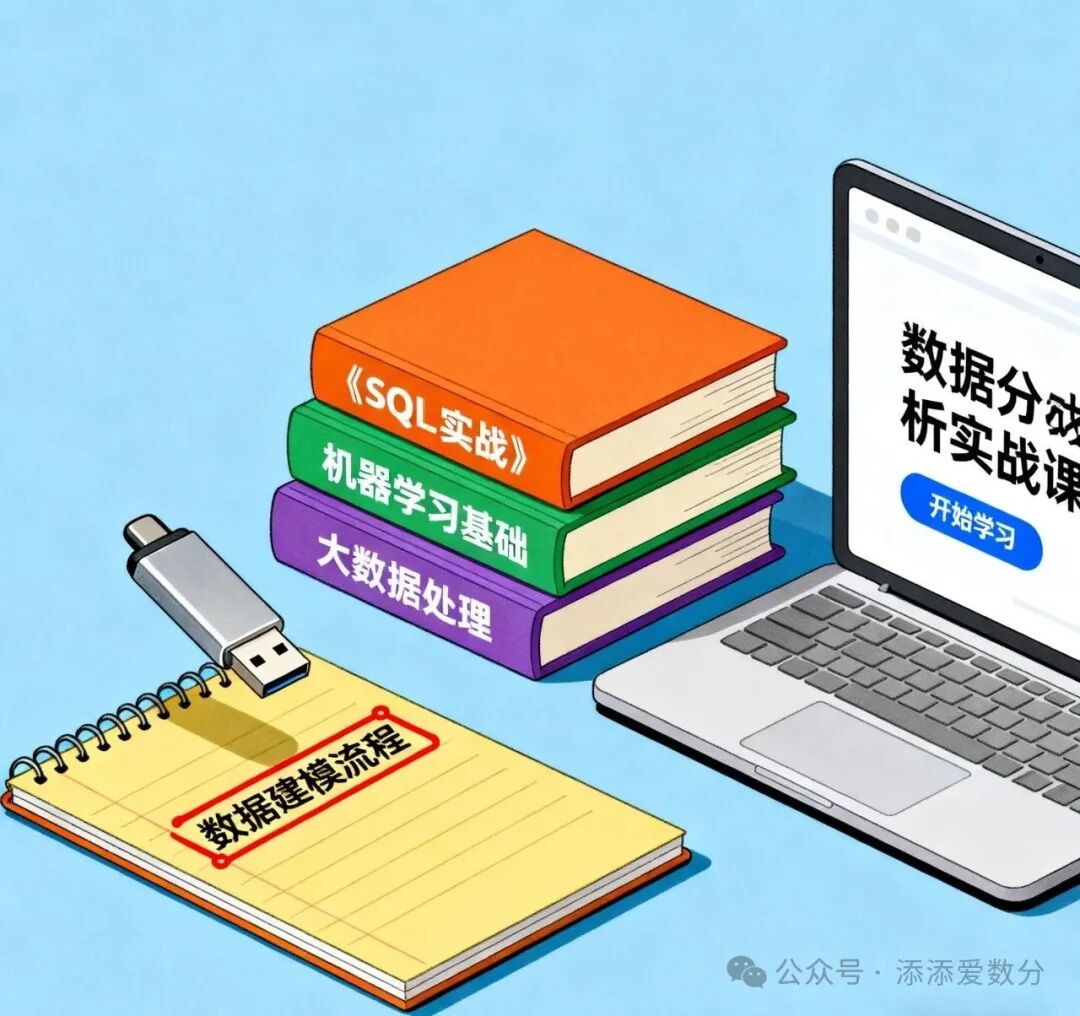 插画风格的学习资源组合:SQL书籍、笔记本电脑与数据建模笔记
