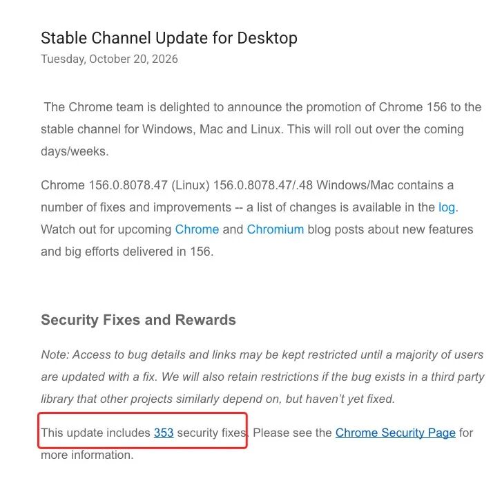 Chrome 156稳定版更新公告截图含353个安全修复