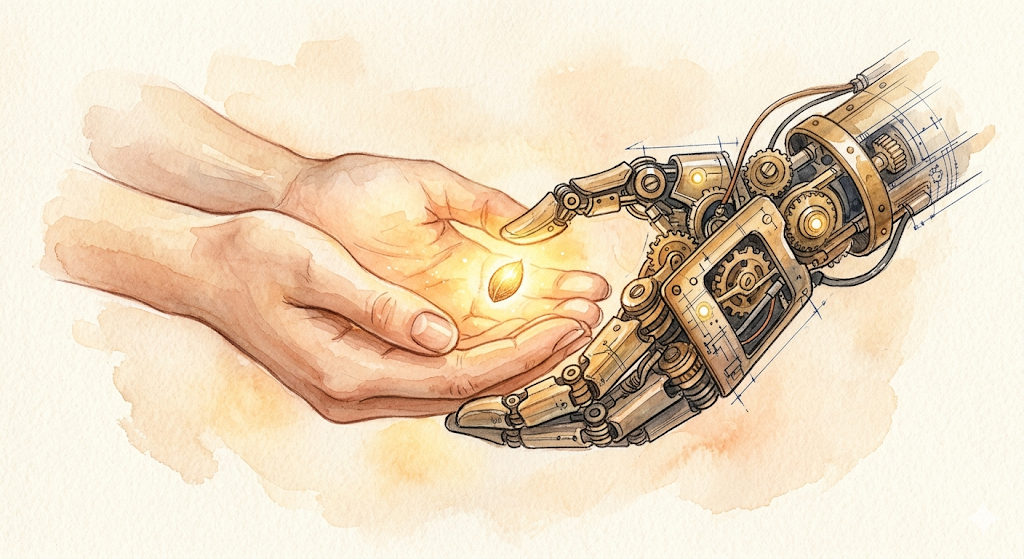 一幅描绘科技与人文融合的插画:一只人类手掌向上托举发光的种子,一只机械手正轻柔靠近