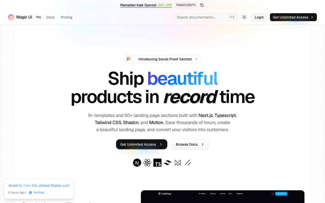Magic UI Pro 提供的多套落地页模板预览