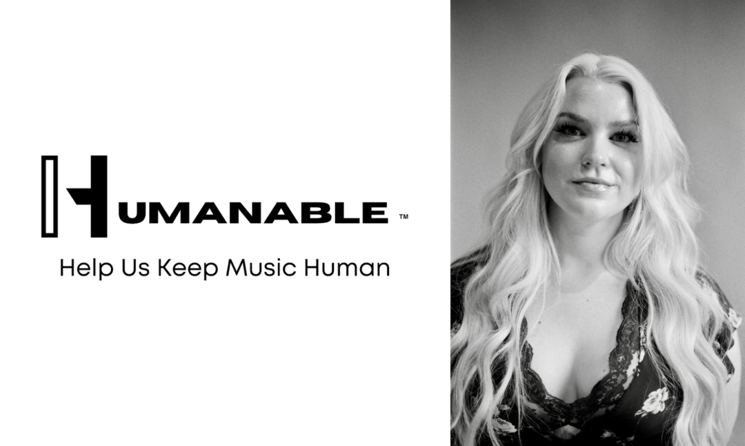Humanable 品牌标志及其标语“Help Us Keep Music Human”，旁边是一位金发女性的黑白肖像