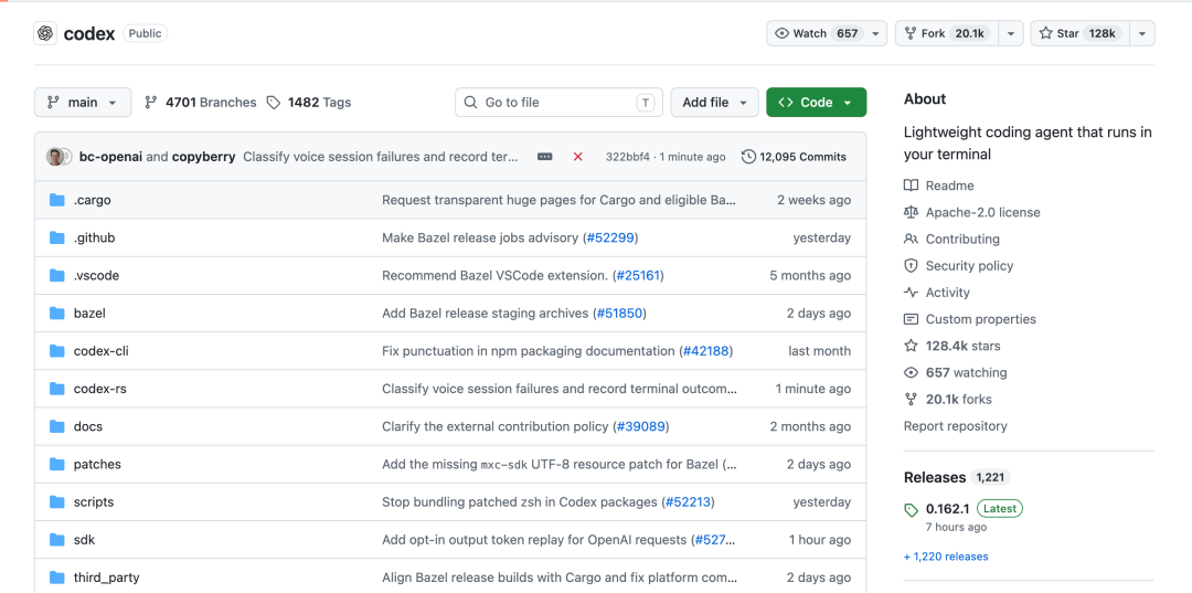 Codex GitHub 仓库页面,展示项目描述与版本信息