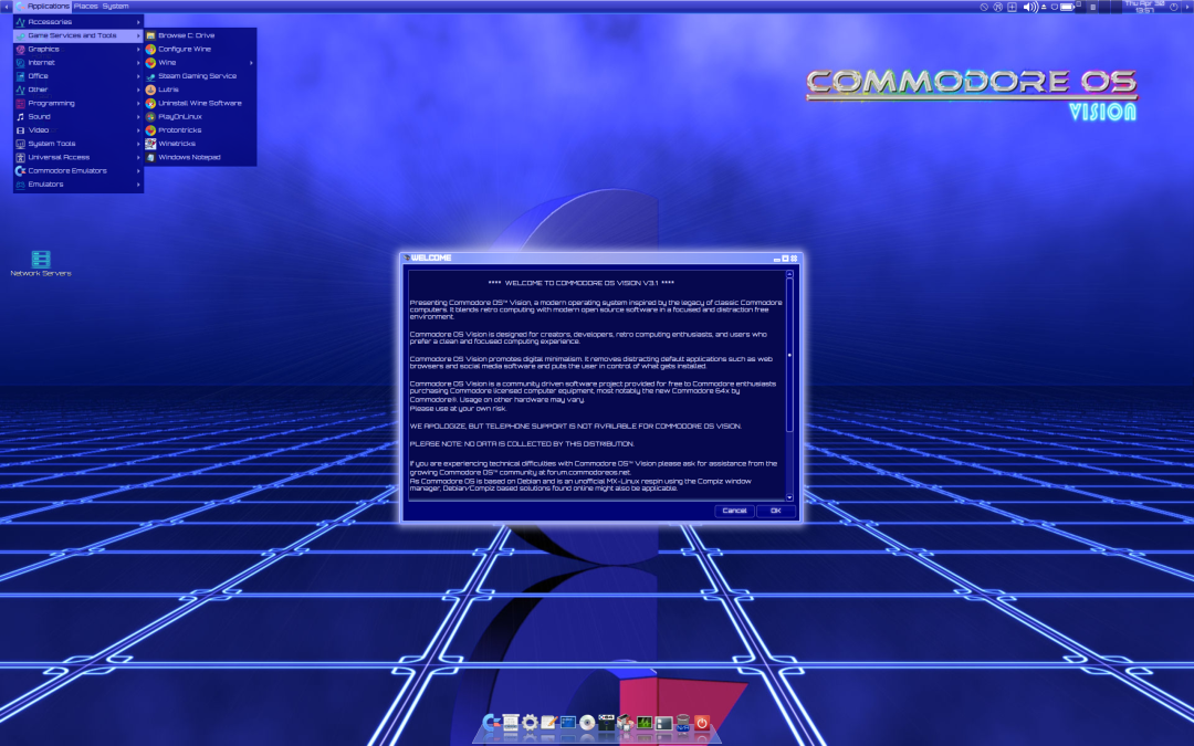 Commodore OS Vision 操作系统的复古桌面截图,展示欢迎对话框与应用程序菜单