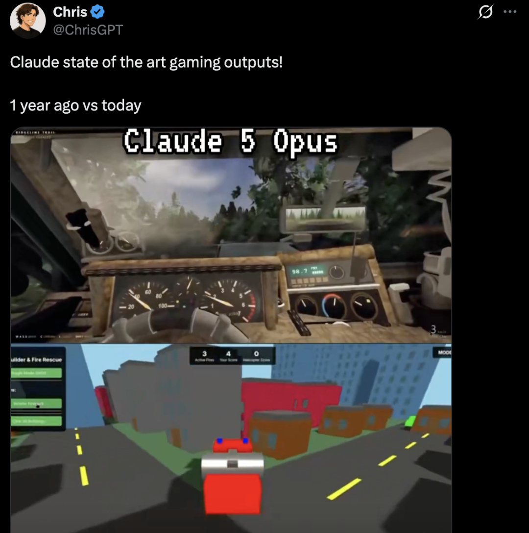 Claude 模型一年间生成游戏画面的对比图,细节与光影进步显著