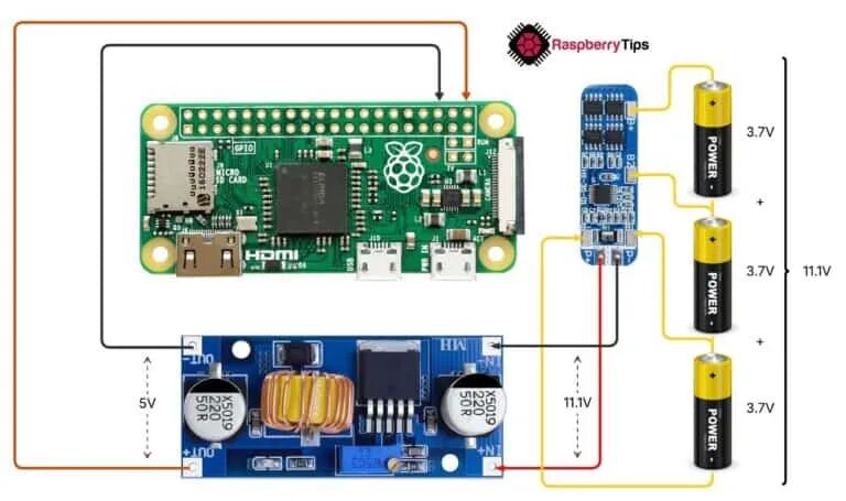 树莓派通过电源模块连接3节电池的电路示意图