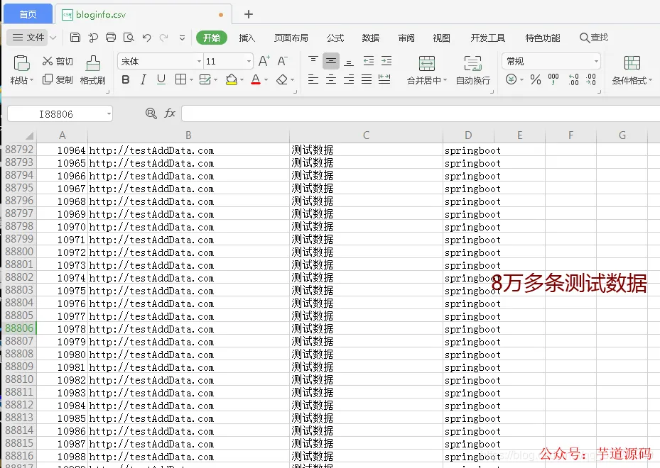 Excel 表格截图:A 列为序号,B 列为 URL(http://testAddData.com),C 列为“测试数据”,D 列为“springboot”,右下角标注“8万多条测试数据”