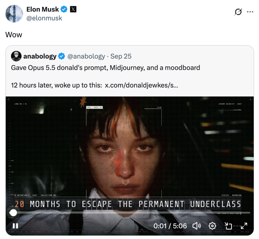 Elon Musk 转发 Claude Opus 5.5 视频生成结果推文截图