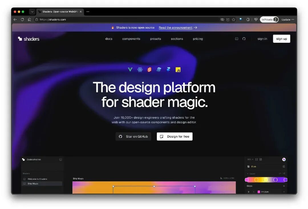 Shaders 官网首页截图,展示深色流体渐变背景、主标题与设计编辑器界面预览