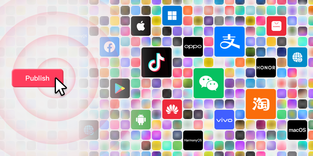 COCOS一键发布全平台示意图:Publish按钮周围环绕Apple、Windows、Facebook、TikTok、OPPO、支付宝、华为、荣耀、微信、Google Play等图标