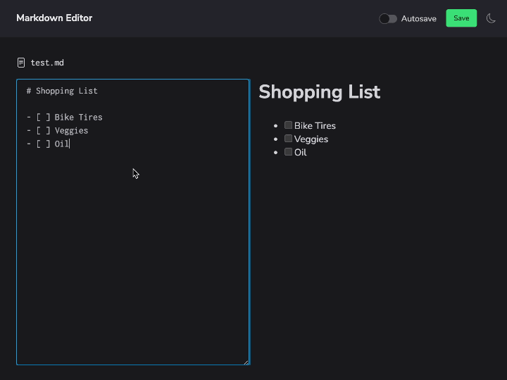 Markdown 编辑器界面：左侧编辑 Shopping List 内容，右侧实时预览复选框勾选状态的联动更新