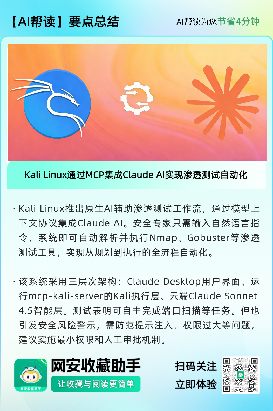 Kali Linux集成Claude AI实现渗透测试自动化架构图