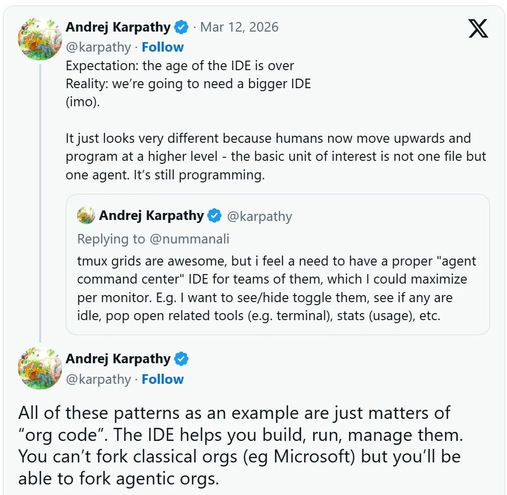 Andrej Karpathy关于未来IDE的推文截图