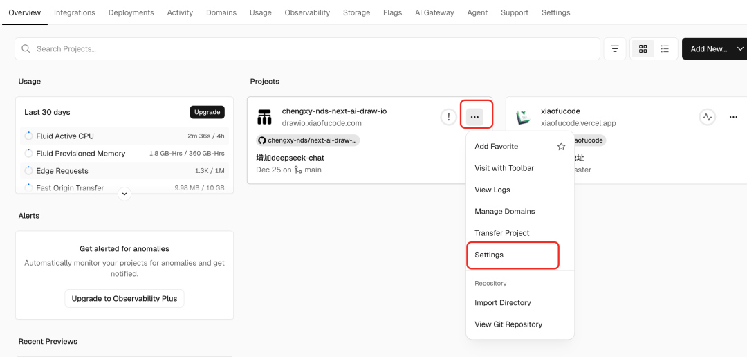 Vercel项目管理面板与域名设置选项