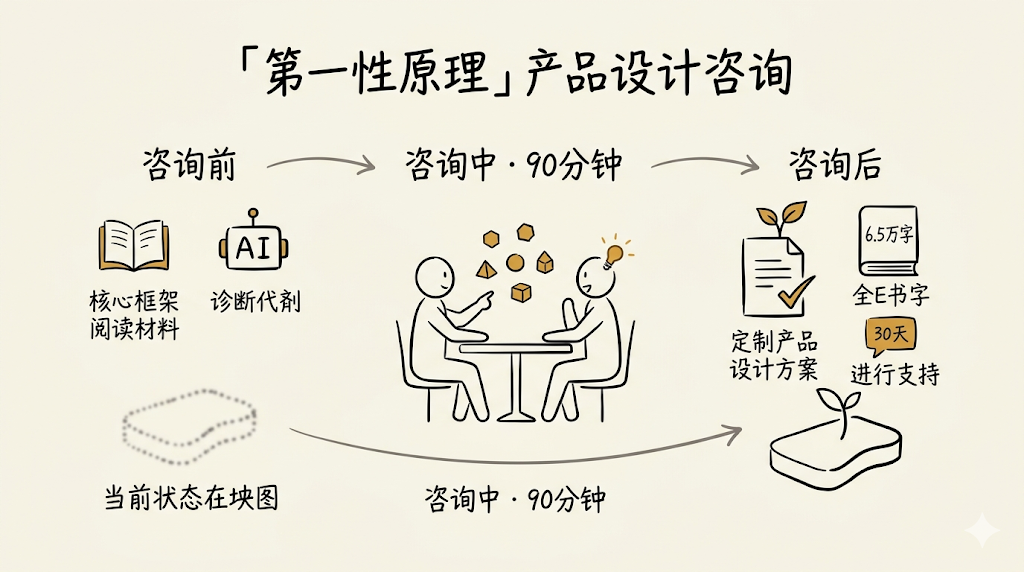 第一性原理产品设计咨询全流程信息图:包含咨询前、咨询中90分钟、咨询后三个阶段的具体交付物