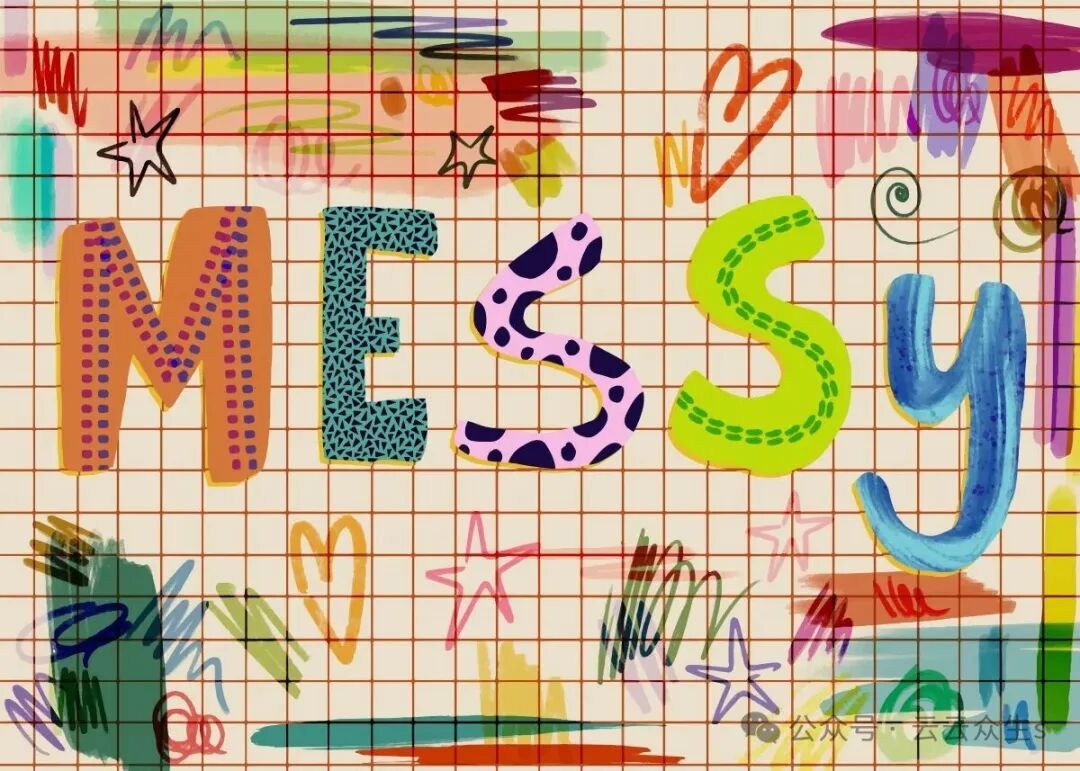 一张创意手绘风格插图，描绘了“混乱（MESSY）”的艺术字，背景为米色网格纸，点缀着星星、心形等涂鸦元素