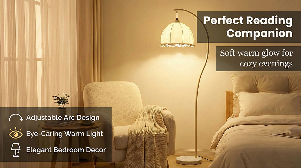 温馨卧室场景弧形落地灯效果图