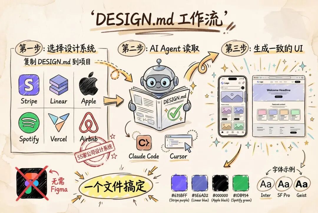 DESIGN.md 标准工作流程图：选择设计系统 → AI Agent 读取文件 → 生成风格一致的 UI
