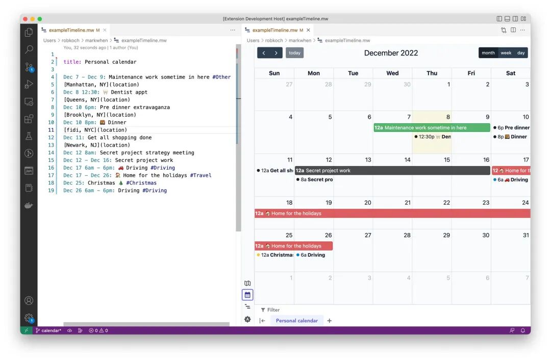VSCode插件中编辑Markdown并实时预览日历视图与地图