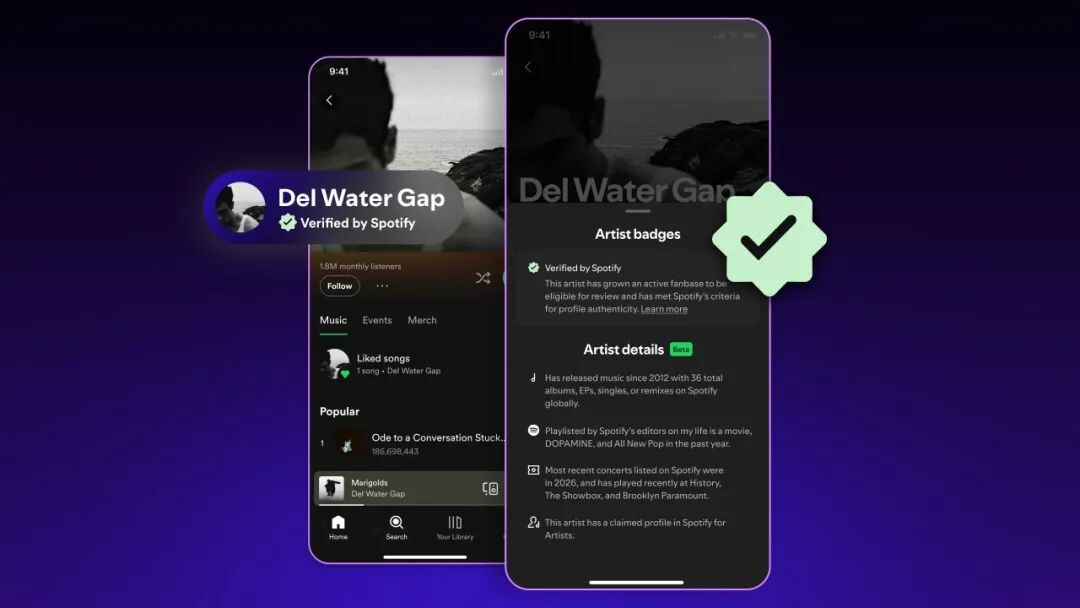 对比展示 Del Water Gap 艺人在 Spotify 上的认证主页与详细的艺术家认证资料页