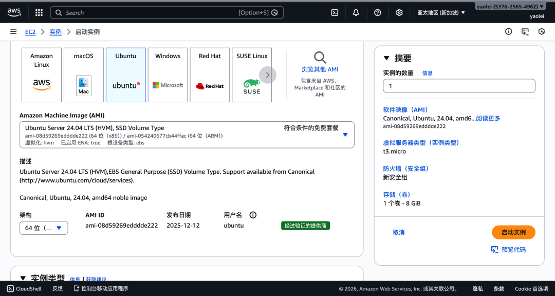 选择Ubuntu系统并配置存储