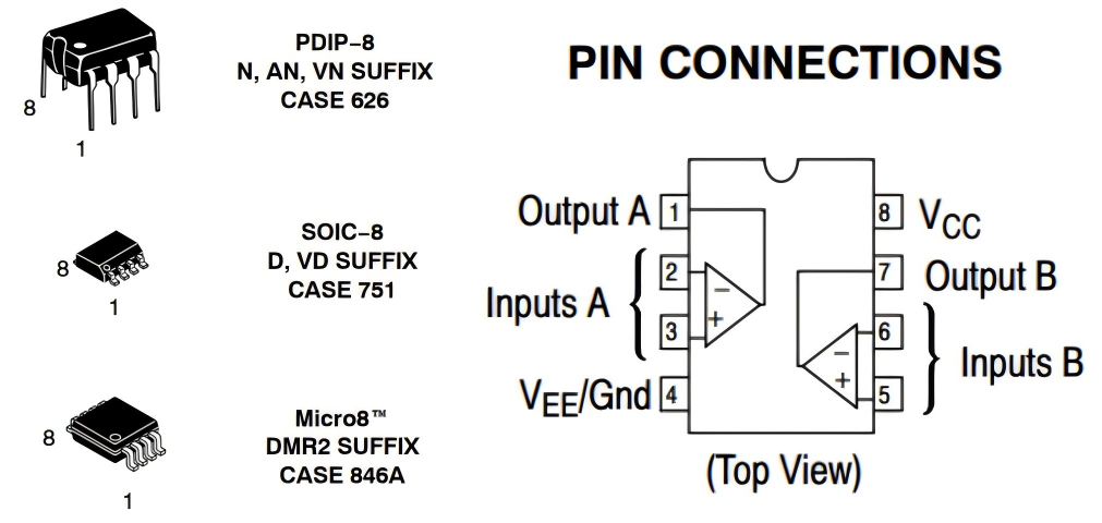 LM358引脚配置与封装示意图