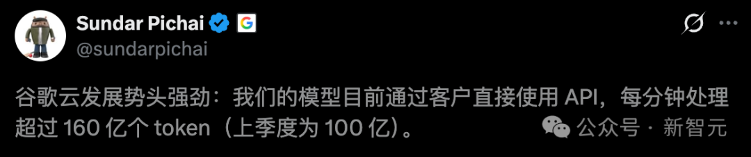 Sundar Pichai推文称谷歌云模型每分钟处理超160亿token