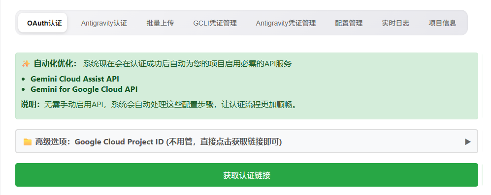 Gemini Antigravity OAuth 认证配置界面