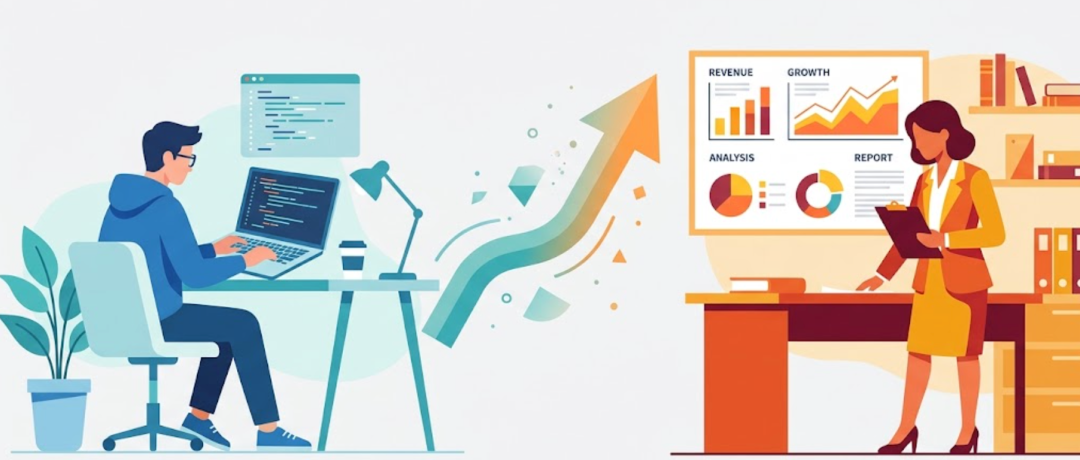 技术与商业结合的办公场景插画