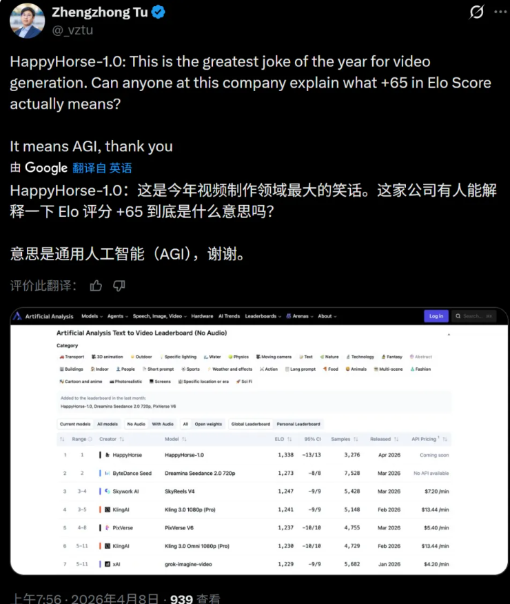 业内对HappyHorse-1.0模型Elo分数大幅跃升的质疑截图