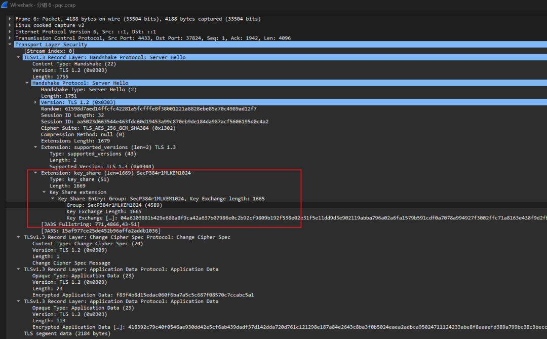 Wireshark抓包 Server Hello 握手信息，显示key_share扩展中的后量子密钥共享
