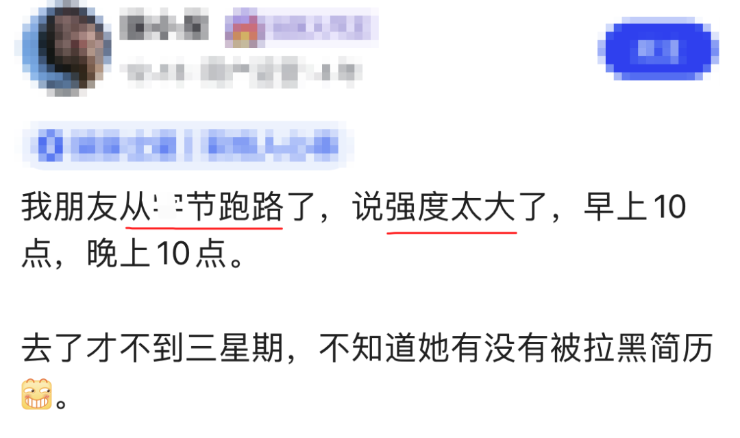 社交媒体对话截图：关于某大厂工作强度与辞职的讨论