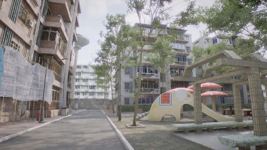住宅小区户外场景，有儿童游乐区和大象滑梯