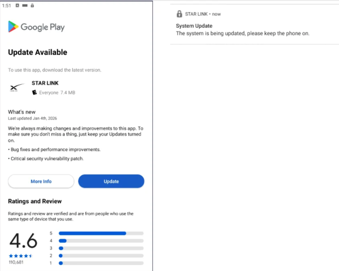 伪造的Google Play更新界面与系统更新提示，用于诱导用户授予权限