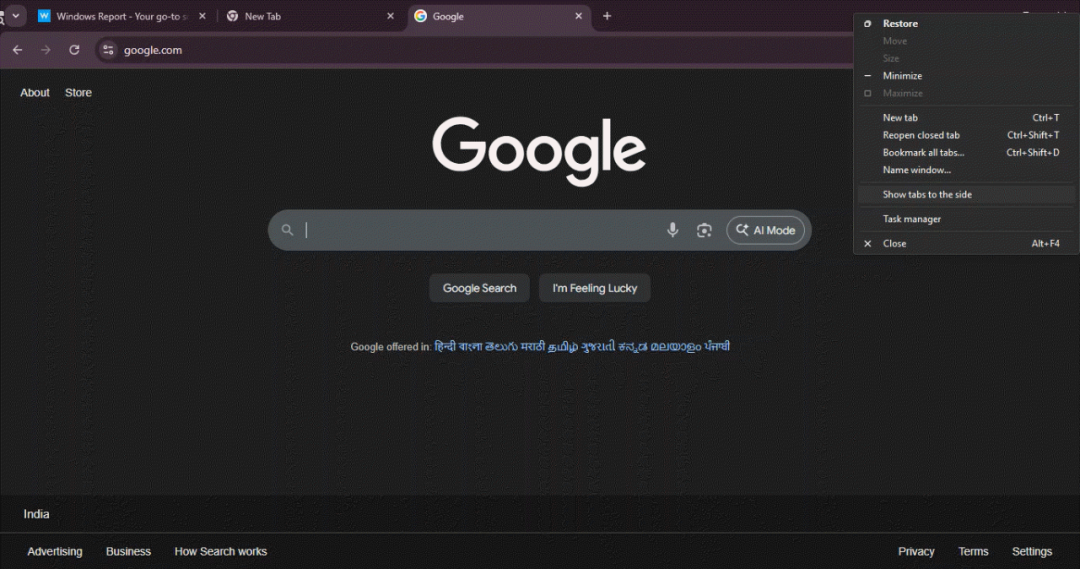 Chrome Canary 版垂直标签页与菜单选项示意图