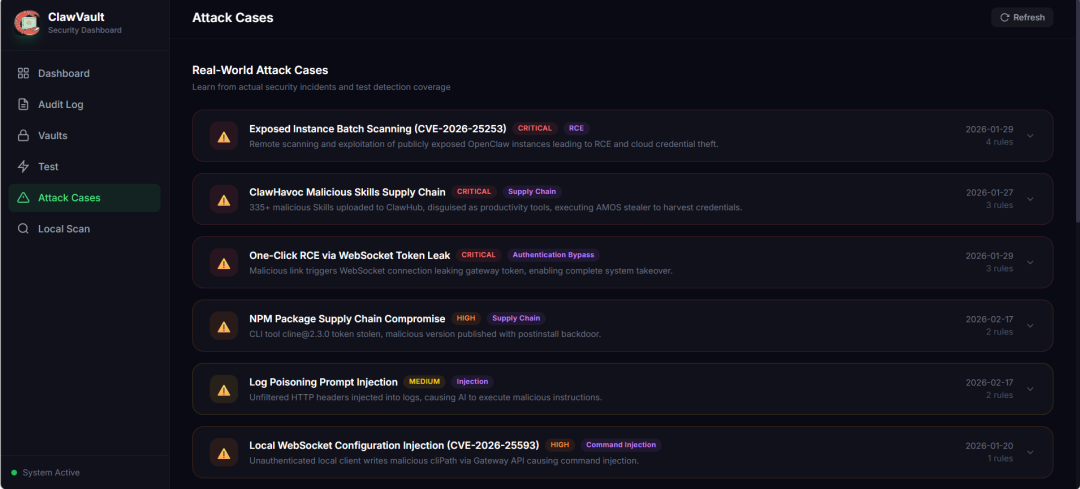 ClawVault攻击案例库，展示CRITICAL、HIGH、MEDIUM风险的供应链攻击、注入等案例