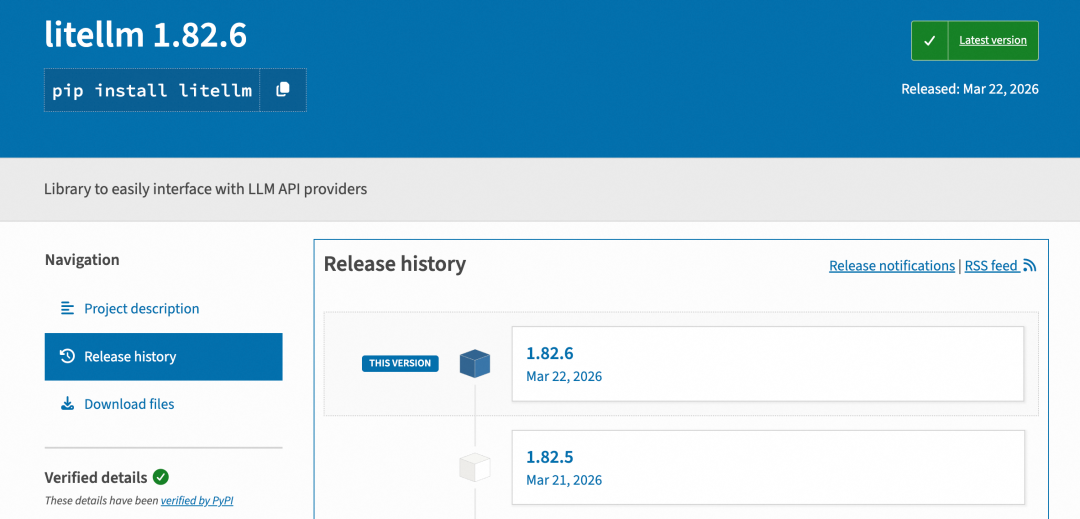 PyPI上LiteLLM项目页面,显示已回滚至安全版本
