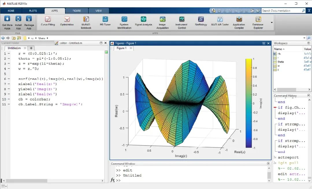 MATLAB R2015a 界面:脚本、三维曲面图与工作区