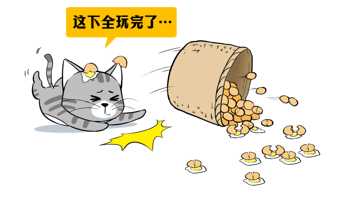 卡通漫画：猫头顶碎鸡蛋，配文“这下全玩完了”