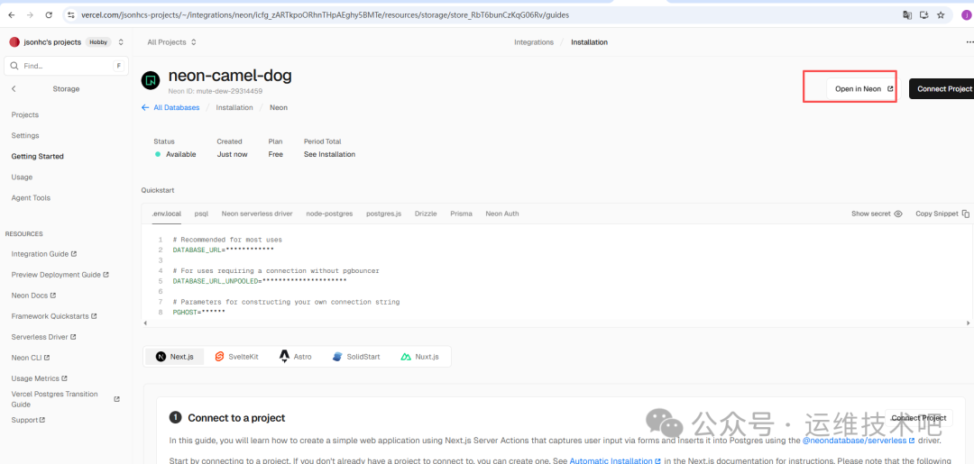 Neon数据库集成指南页面，显示连接信息