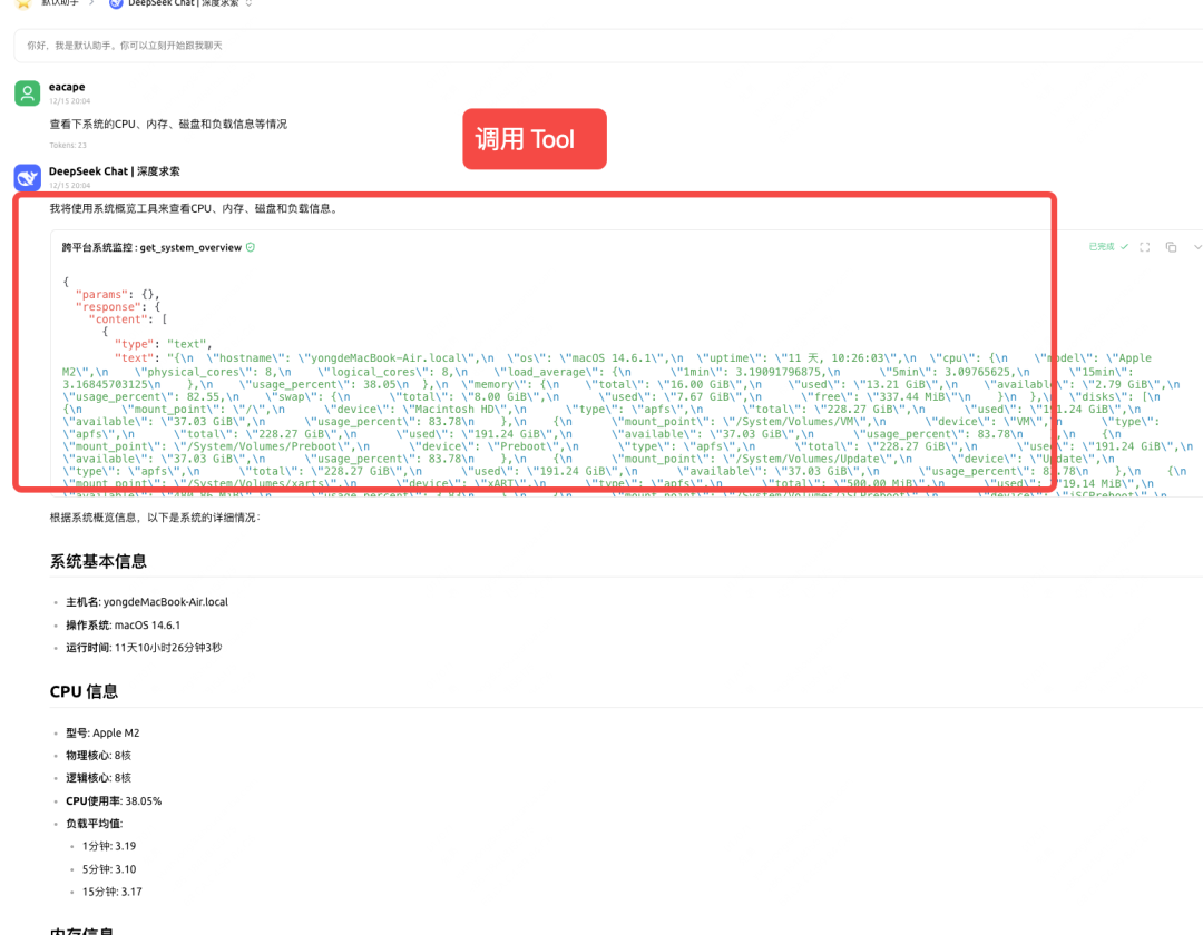 与集成了MCP监控工具的助手对话，查询系统概览
