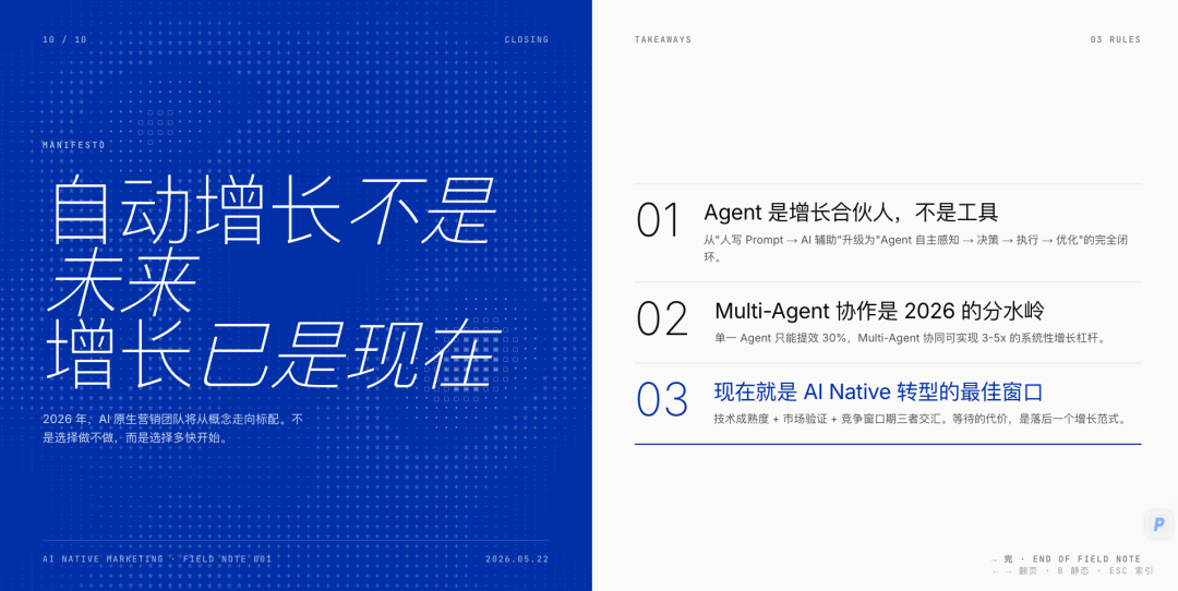 PPT结尾页,总结自动增长已是现在,并列出Agent是增长合伙人等三条核心规则