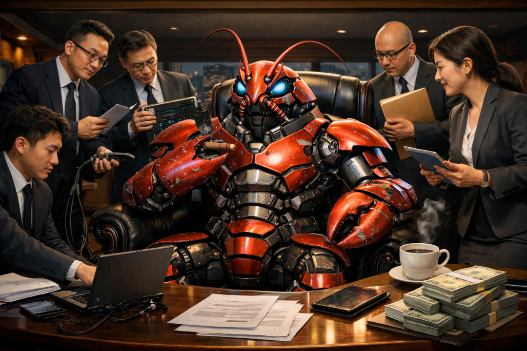 一位红色机械甲虫造型的机器人坐在会议桌中央的皮椅上，周围环绕着五位穿着西装的商务人士，他们或手持平板、笔记本电脑，或查看文件，神情专注。桌上摆放着成叠现金、咖啡杯和文件，背景为城市夜景，整体氛围融合科幻与商业场景。